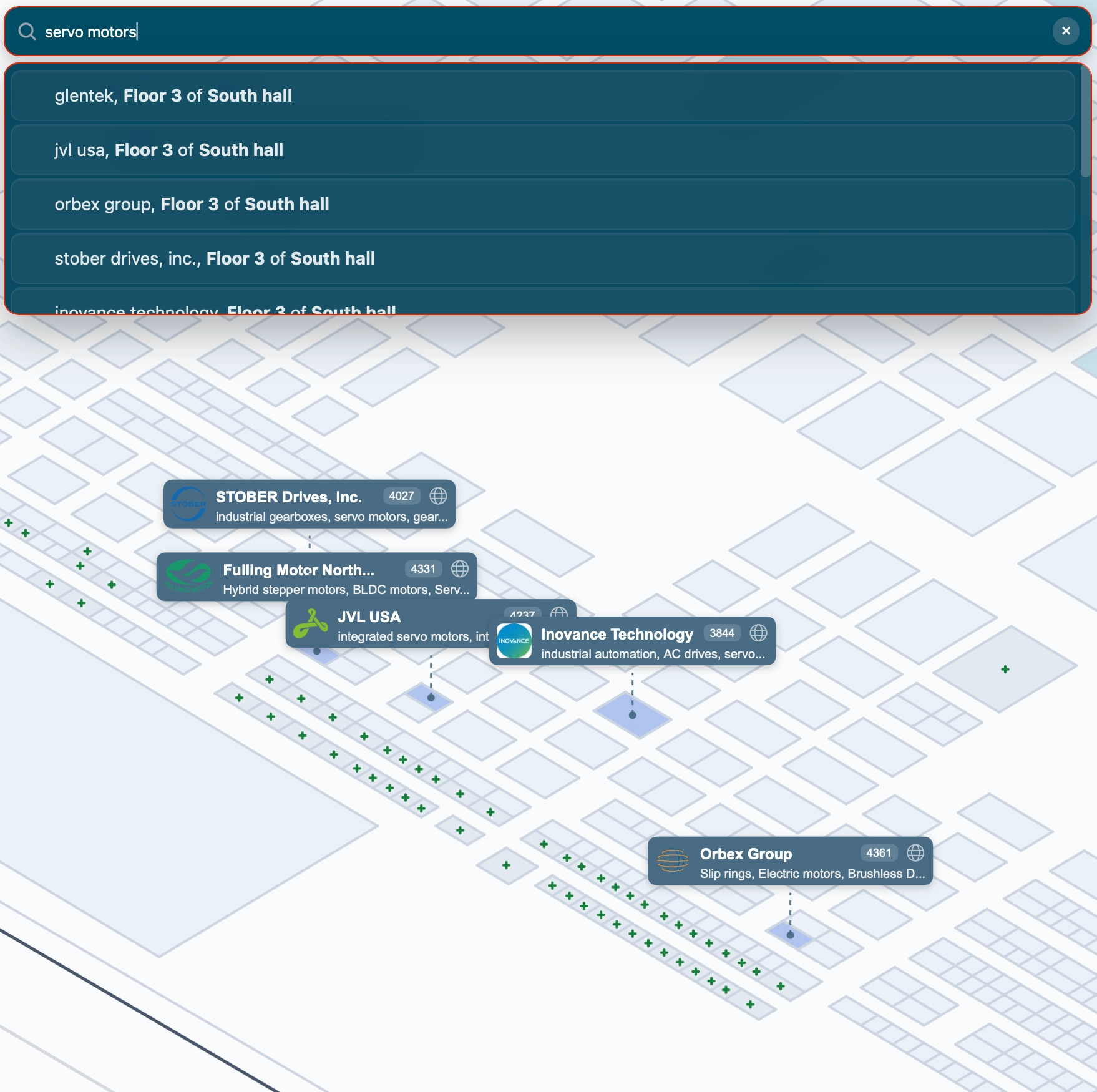 Mapboot map showing a suggested exhibitors search list based on search query