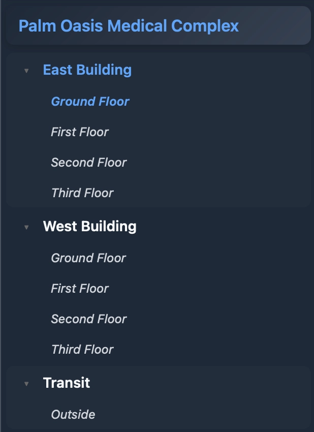 An example of map structure, showing the two buildings and their floors