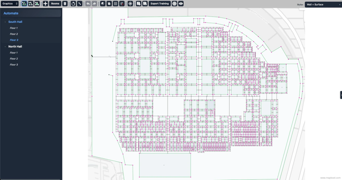 Automate 2026 floor plan loaded in the Mapboot editor